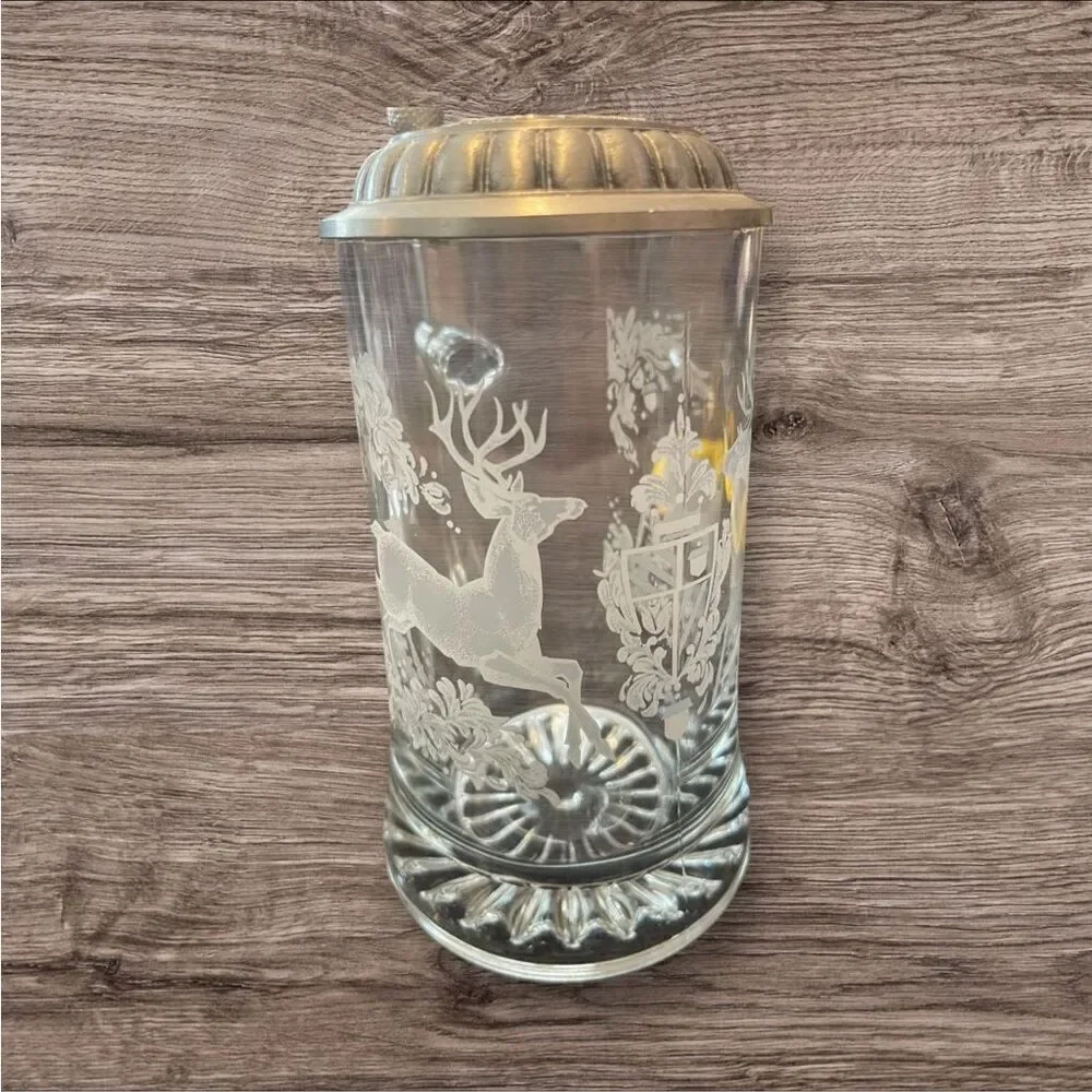 Vintage German Crystal Glass Beer Stein w/ Pewter Lid Set of 2